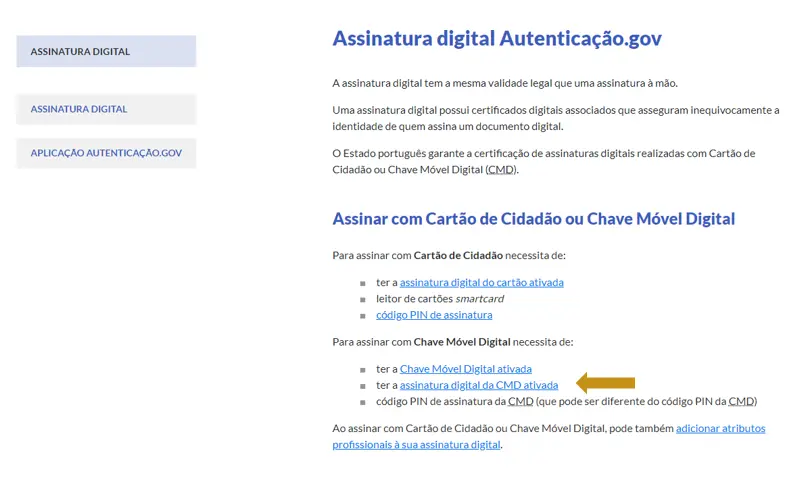 Clicar em "Assinatura Digital da CMD Ativada"