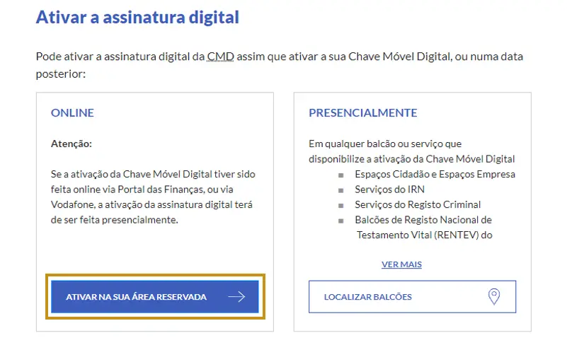 Percorrer a página até encontrar estes quadros e escolher "Ativar na sua área reservada"