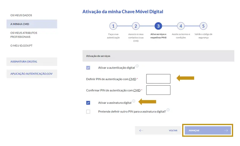 Definir um PIN e assegurar-se que está selecionada a opção "Ativar a Assinatura Digital"