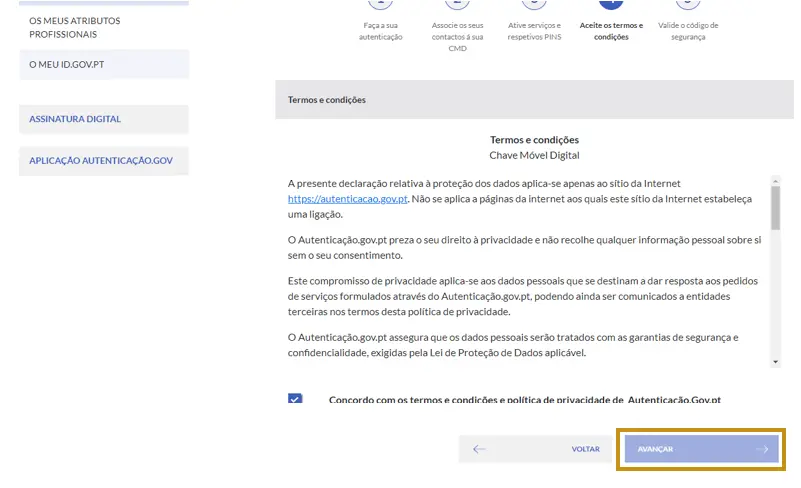 Ler os Termos e Condições e "Avançar"