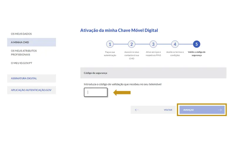 Inserir o código de segurança recebido por SMS e "Avançar"